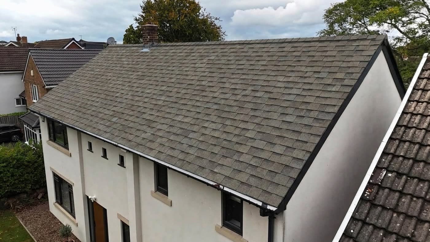 After: Grey roof to Oakridge Driftwood